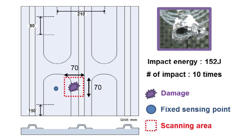 Complex composite specimen, excitaion scanning area, introduced damage