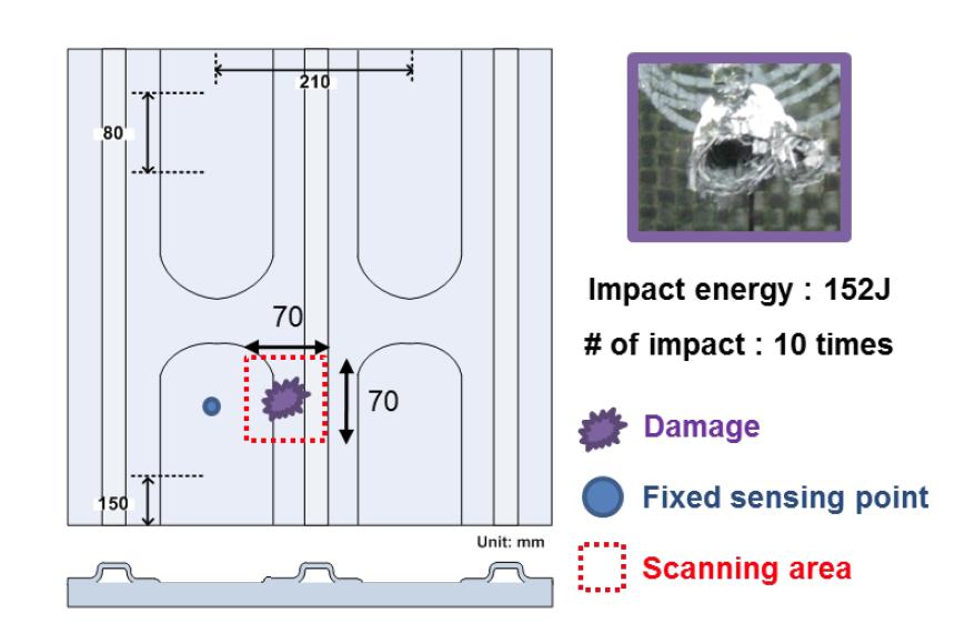 손상 감지 실험을 위한 복합재 복잡 구조물, 스캐닝 영역, 손상의 정보