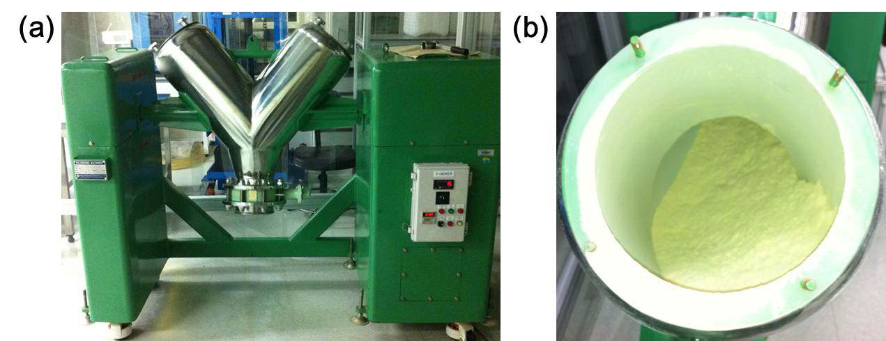 (a) V-blender used for homogenization, (b) garlic powder during homogenization in V-blender