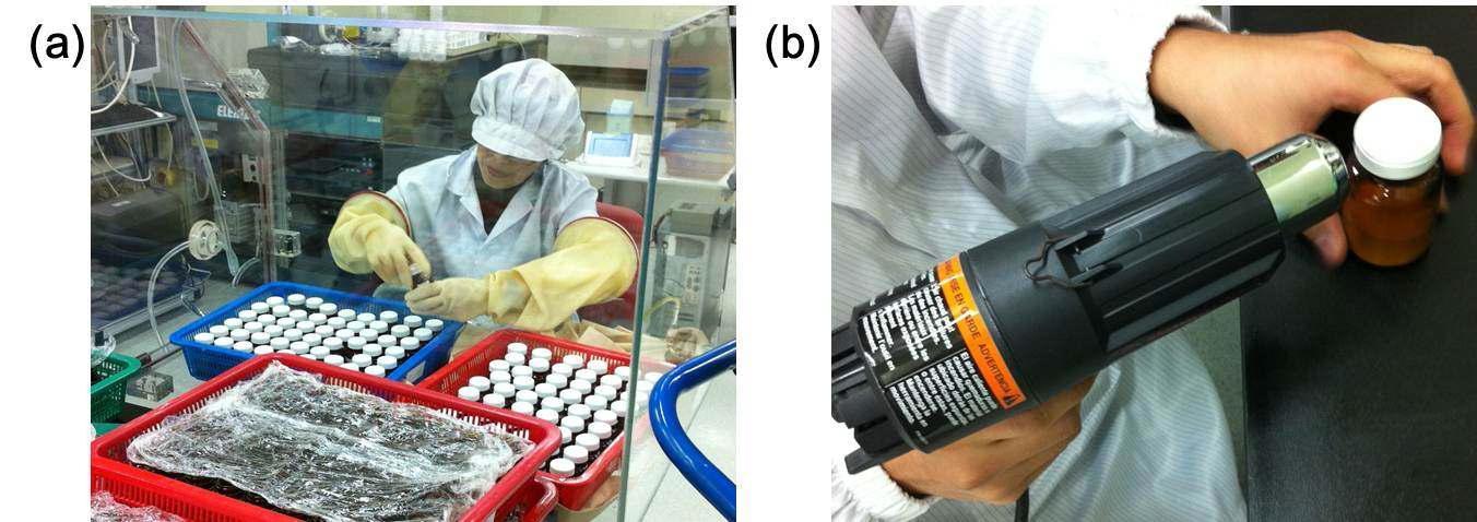 (a) Bottling of garlic powder in glove box filled with argon, and (b) sealing the cap with tape and shrink tube