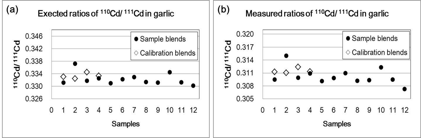 Isotope ratios of 110Cd/111Cd in garlic: (a) expected ratios calculated from mass of sample and mass of spiked isotope solution, and (b) measured ratios from ICP-MS measurement