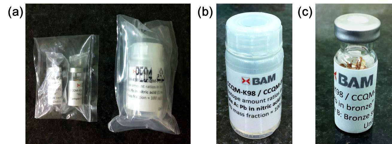 CCQM-K98/P134 samples (a) samples packaged by PE backs, (b) sample A: Pb in nitric acid solution, (c) sample B: bronze swarf