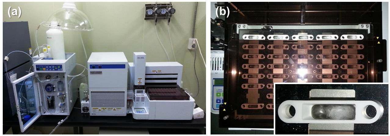 Combustion sample preparation system: (a) system layout, (b) alumina boat containing sample in autosampler