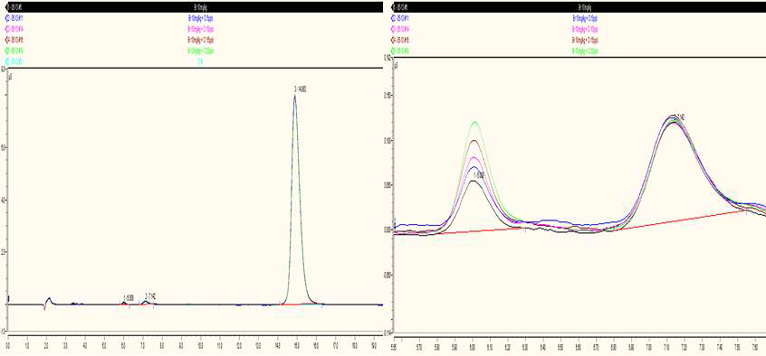 Overlay chromatograms of Cl-. standard addition samples in 1 0 mg/kg Br-. (Separation Column: IonPac AG15+AS15, Conc. of KOH: 20 mM, Injection volume of sample: 100 μL)