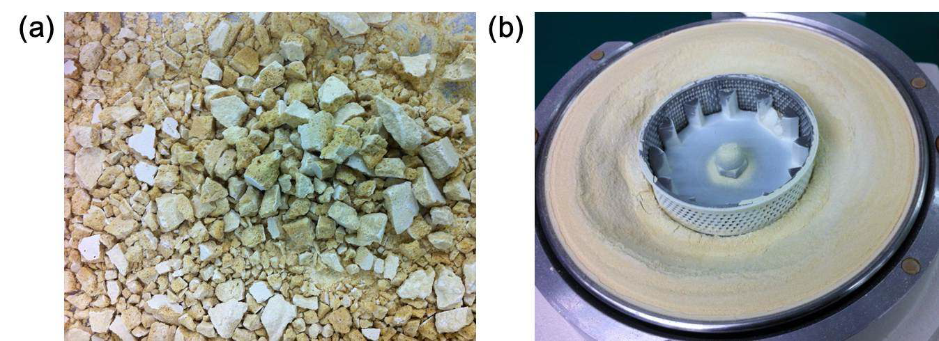 Milling of freeze-dried garlic: (a) photo of freeze-dried garlic sample, (b) photo of garlic powder in milling process