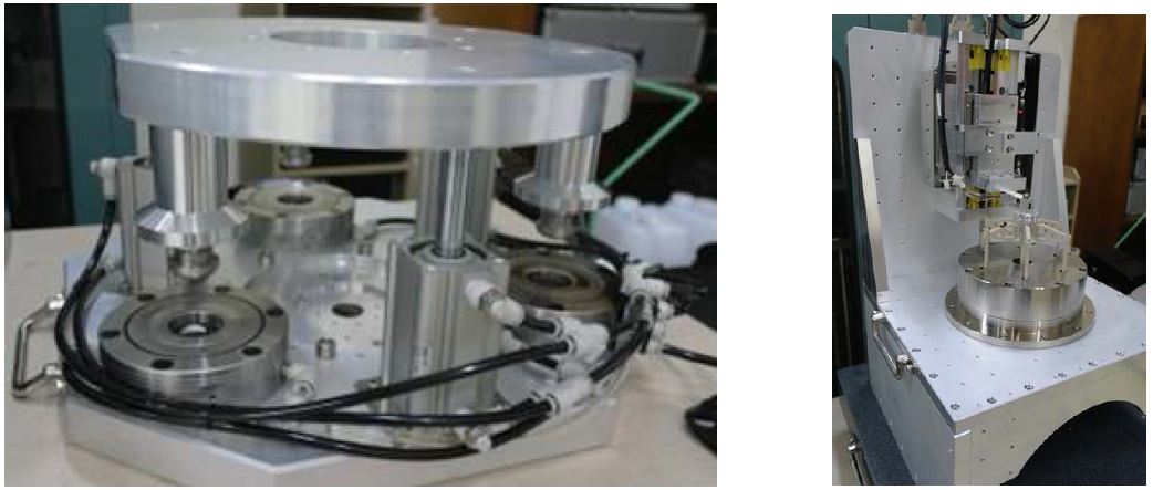 Fig. 11. Photographs of the magnet assembly system (left) and watt balance prototype (right).