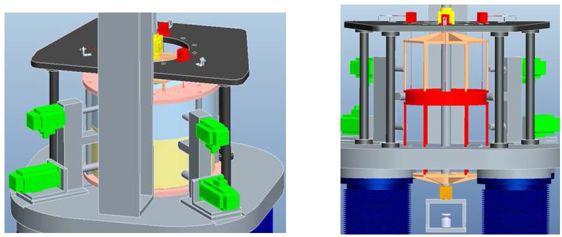 Fig. 14. (Left) Magnet tilt and translation stage. (Right) Metrology frame including interferometers.