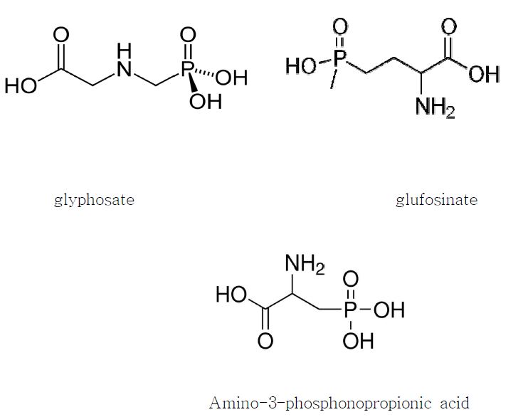 Fig. 2. glyphosate, glufosinate 및 amino-3-phosphonopropionic acid 구조