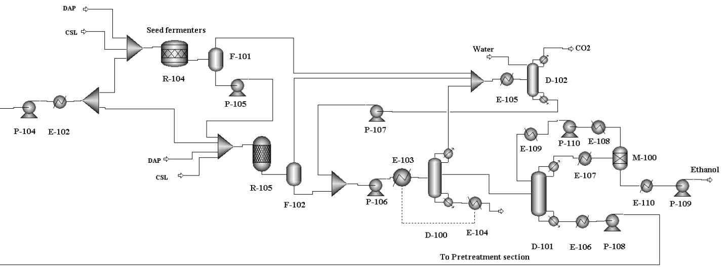 Process flow diagram of fermentation (including on-site enzyme production) and purification sections