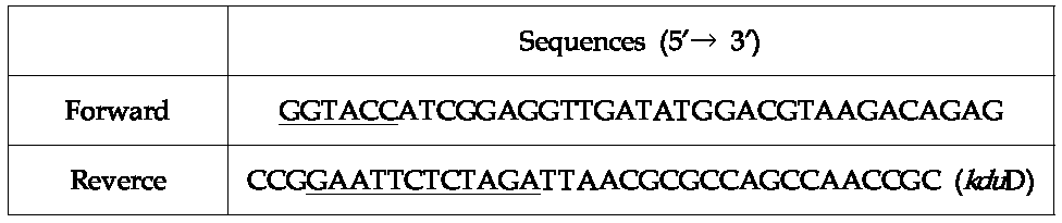 E. coli의 kduI, kduD operon 유전자를 증폭하기 위한 PCR primer 시퀀스