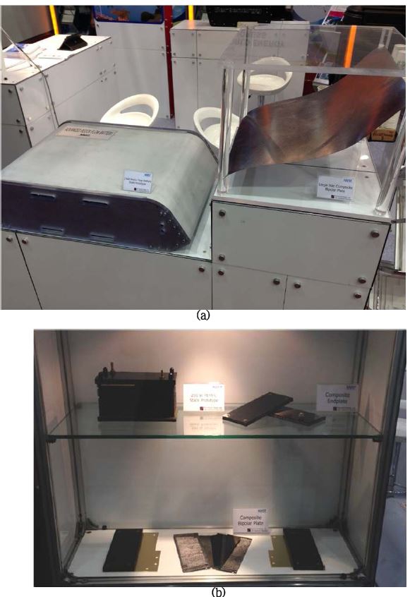 KAIST exhibition in WEC; (a) 2 kW Vanadium Redox Flow Battery (VRFB), (b) 200 W Proton Exchange Membrane Fuel Cell (PEMFC).