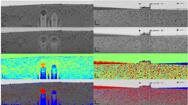 1.3 μm resonant(빨강), 1.0 μm resonant(파랑) 나노입자를 tube에 넣은 단면 이미지(왼쪽)와 쐐기모양의 공간에 넣은 단면 이미지(오른쪽).