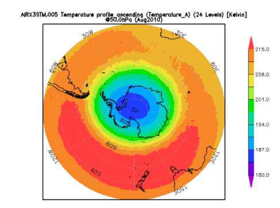 Stratospheric temperature sturcture in the southern hemisphere observed in the satellite. The latitudinal gradient of temperature around the pole is an important factor for determining the polar vortex.