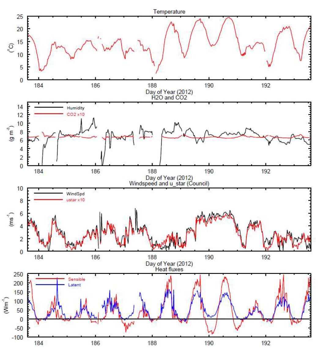 카운실 사이트에서 관측된 기온, 수분 및 이산화탄소 농도, 풍속 및 마찰속도, 현열속 및 잠열속(위부터 아래로) 시계열