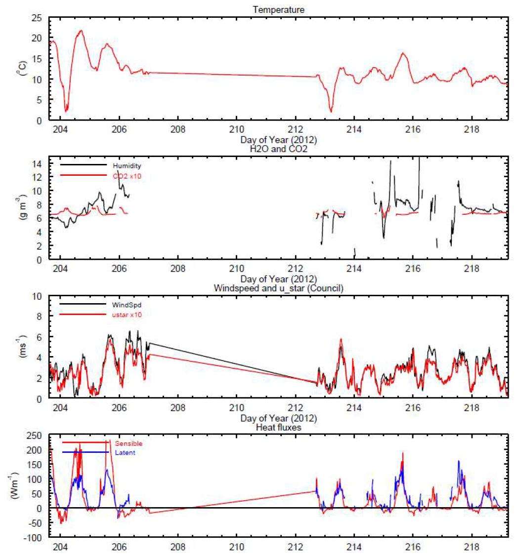 카운실 사이트에서 관측된 기온, 수분 및 이산화탄소 농도, 풍속 및 마찰속도, 현열속 및 잠열속(위부터 아래로) 시계열