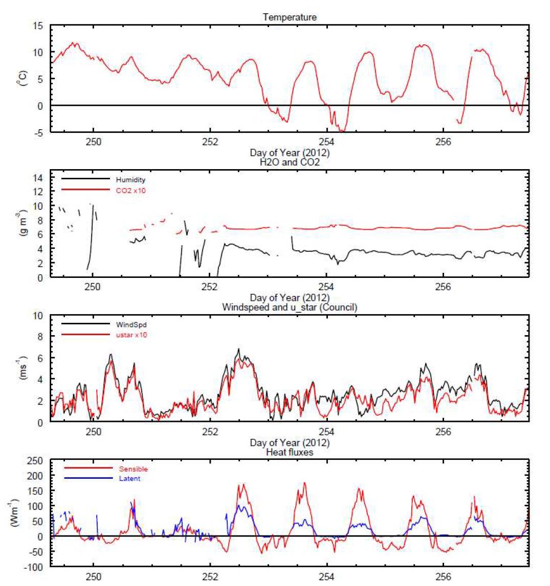 카운실 사이트에서 관측된 기온, 수분 및 이산화탄소 농도, 풍속 및 마찰속도, 현열속 및 잠열속(위부터 아래로) 시계열