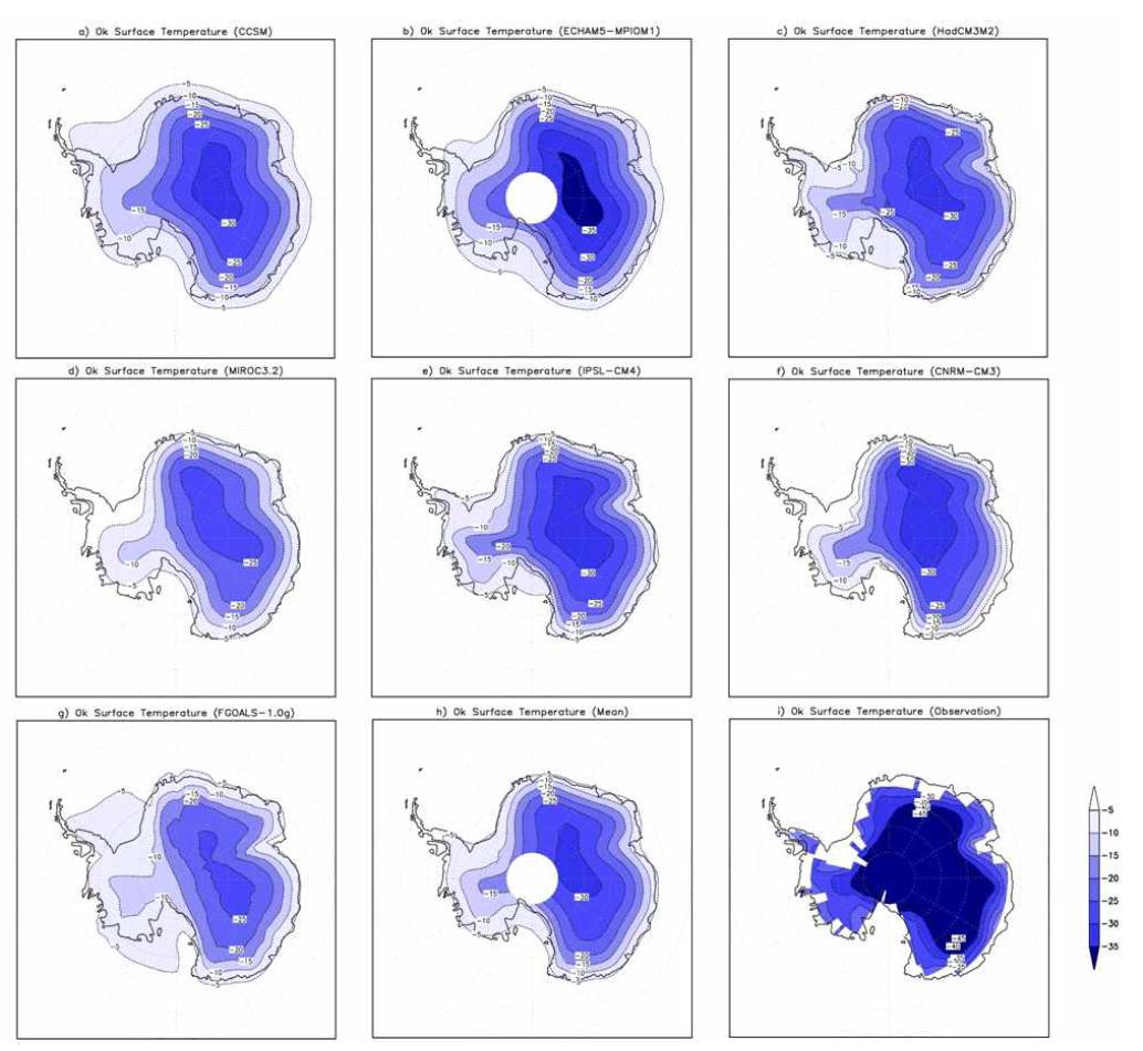 Annual mean simulated modern 0 ka surface air temperature at 2m.