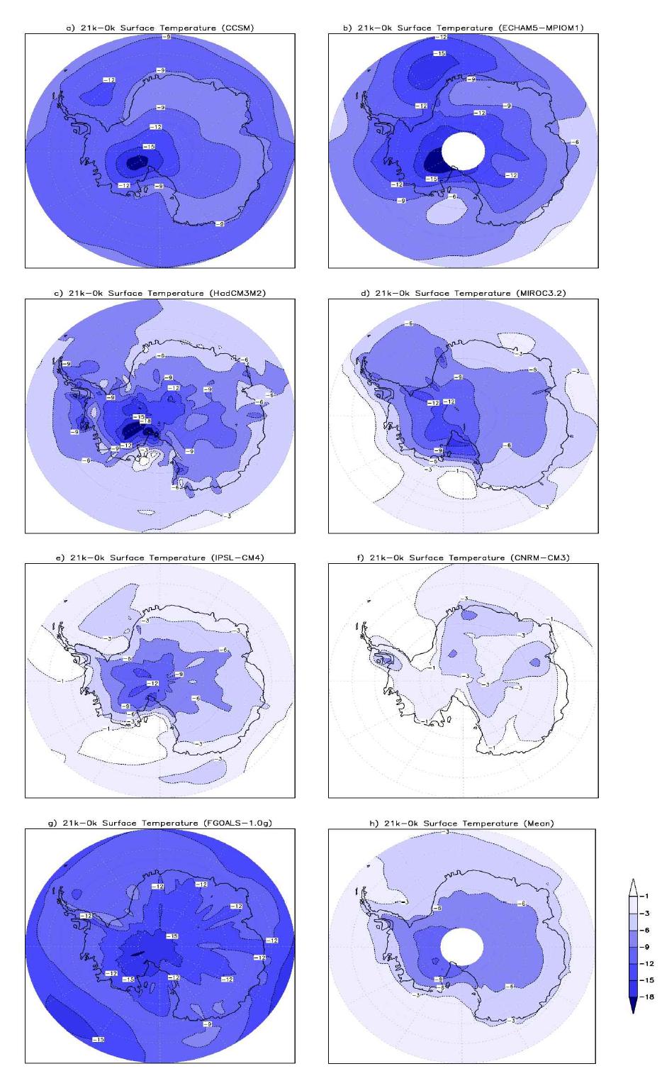 Annual mean difference between simulated 0 ka and 21 ka surface air temperature.