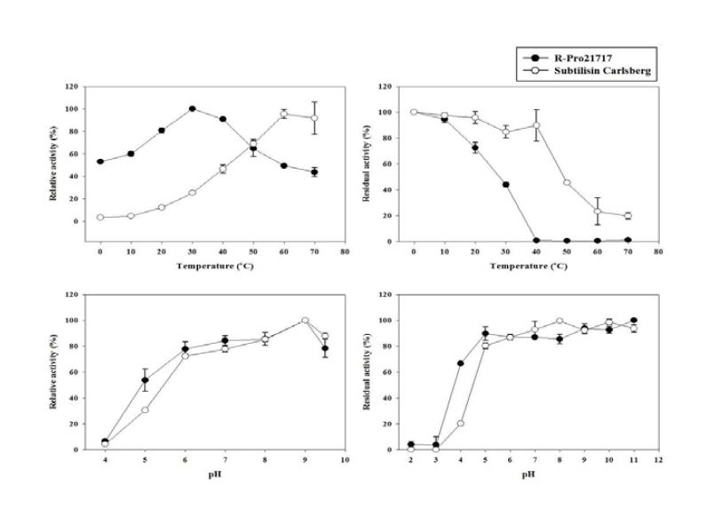 Temperature and pH-dependent protease activity of R-Pro21717 and Subtilisin Carlsberg