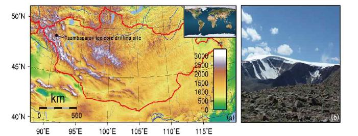 Map of (a) the location of the ice core drilling site Tsambagrav and (b) glacier foreground