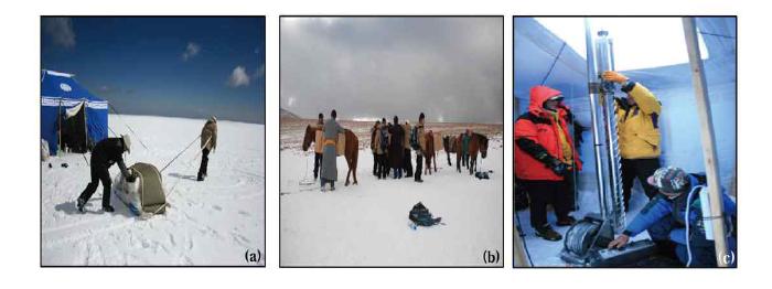 Photos of (a) Tsambagarav ice core drilling camp, (b) transportation and (c) drilling operation