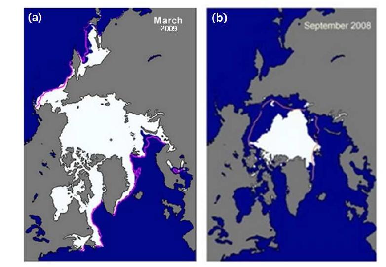 Sea ice extent images related to sampling season of snow pit samples (a) #3 and (b) #10, respectively