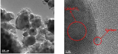 합성분말의 나노입자 형상 및 카본코팅 관찰