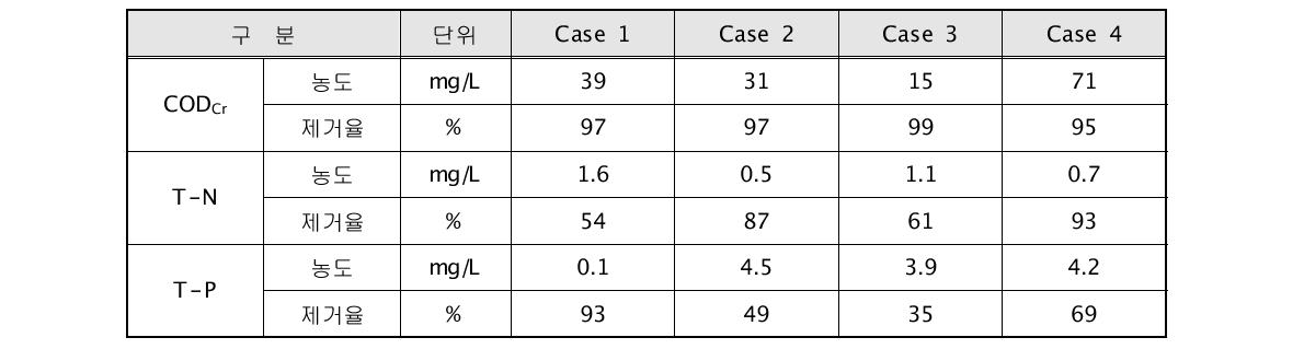 운전조건별 처리수 농도 및 제거율 분석 결과