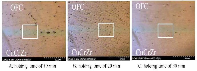 브레이징 유지시간에 따른 구리-구리합금 단면 SEM
