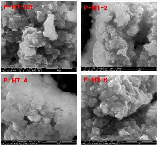 SEM of hydrotalcite, P-HT-x ([Mg -6-xNixAl2(OH)162NO3 ]·4H2O, x=0-6)