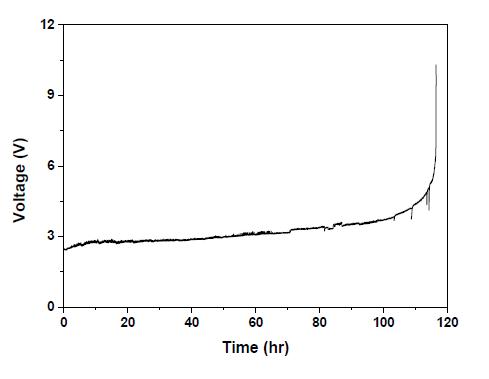 Cell voltage (LSM-YSZ anode potential vs. Pt reference electrode) as a function of time with the anodic current passage of 1.5 A cm-2 at 750oC in air.