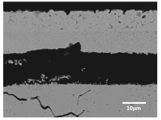 SEM image of the LSM-YSZ electrode which delaminated from the YSZ electrolyte after anodic current passage (1.5 A cm-2) for 120 hours at 750oC in air.