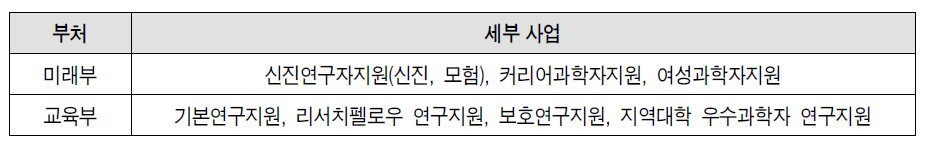 일반연구자지원사업의 부처별 세부사업 추진 현황