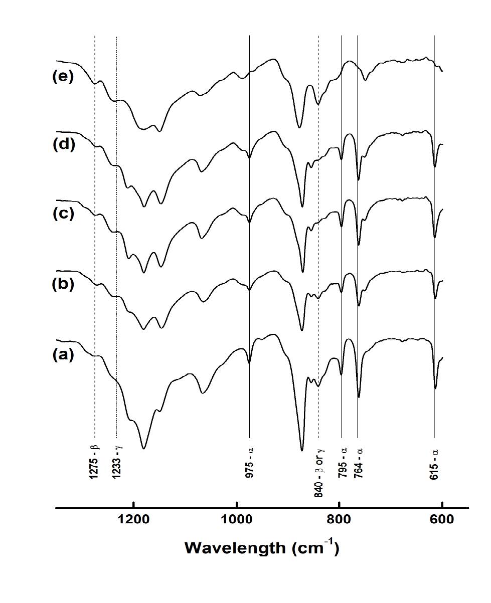 그림 2-3. FTIR spectrum of (a) PVDF powder, and PVDF/PMMA blend coatings containing 70wt% PVDF prepared by dispersion coating at different coating temperature. (b) 60 ℃; (c) 90 ℃; (d) 120 ℃; (e) 150 ℃.