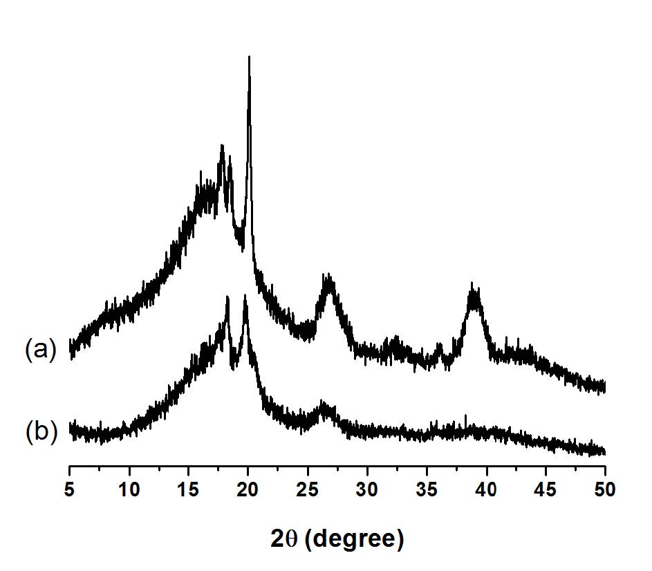 그림 2-4. X-ray diffractograms of PVDF/PMMA coatings containing 70wt% PVDF prepared by dispersion coating at (a) 90 ℃ and (b) 150 ℃.