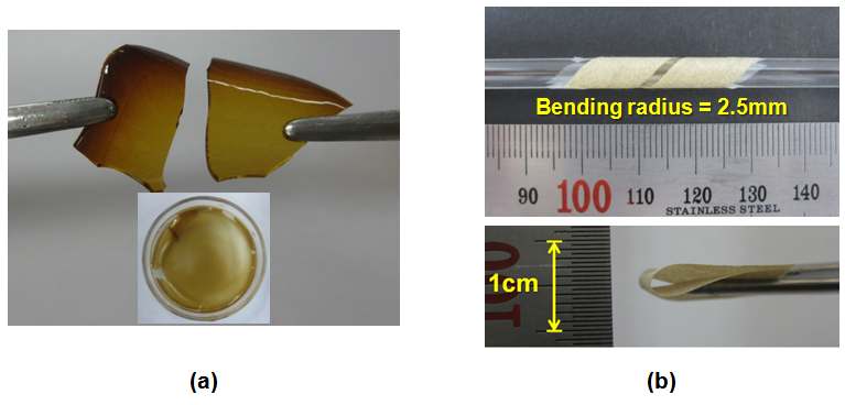 [그림 3] (a) sol-gel 처리 후 벌크 상태의 무기물(THPSA/GPTMS);(b) 강화복합막의 유연성 test