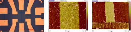 그림 36. 그래핀 소자의 광학현미경 사진 및 기능화 이후 그래핀 표면을 보여주는 AFM 이미지
