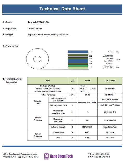 그림 14. NanoChemTech 투명전도성 코팅 필름 Technical Data sheets