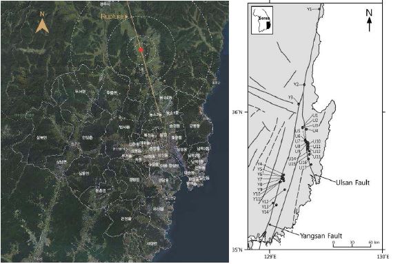 진 발생 시나리오 B의 진앙지 위치(좌) 및 울산 인근 역사 지진 분포 (좌)