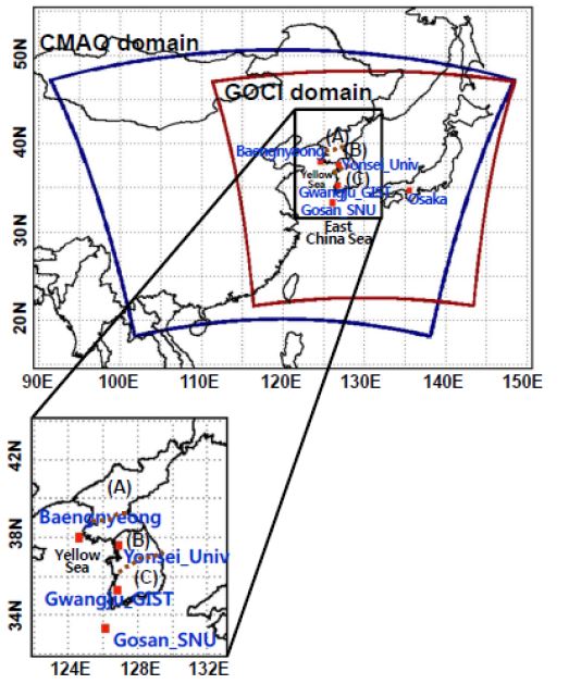 동북아시아를 관측하는 GOCI 도메인과 2011년 연구에 활용된 CMAQ 모델링 도메인