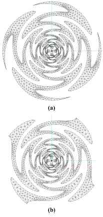 Geometry mesh of (a) original and (b) modified sinuous antennas