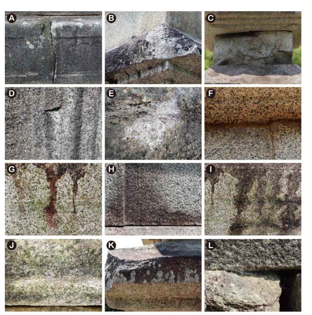 소태리 오층석탑의 훼손양상. (A) 균열. (B, C) 탈락. (D) 박락. (E) 백색변색. (F) 갈색변색. (G) 적색변색. (H, I) 흑색변색. (J, K) 생물피복. (L) 곤충흔적(거미줄).