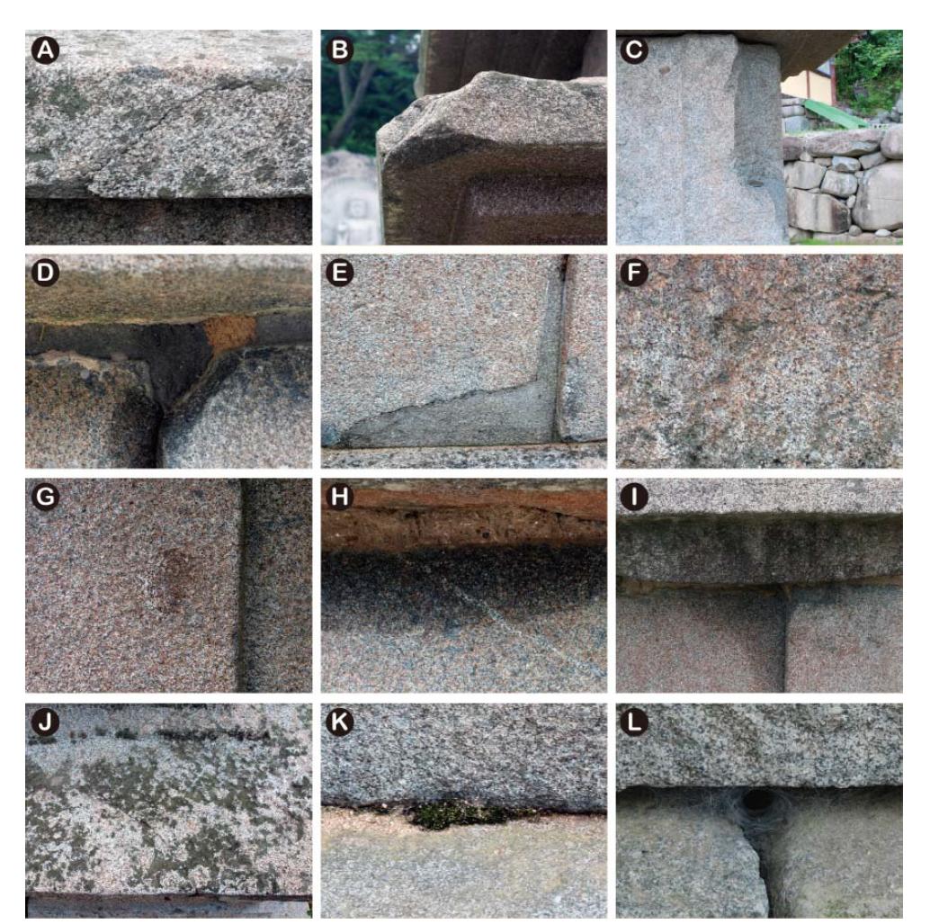 만어사 삼층석탑의 훼손양상. (A) 균열. (B, C) 탈락. (D, E) 보수물질. (F) 갈 색변색. (G) 적색변색. (H, I) 흑색변색. (J, K) 생물피복. (L) 곤충흔적(거미줄).