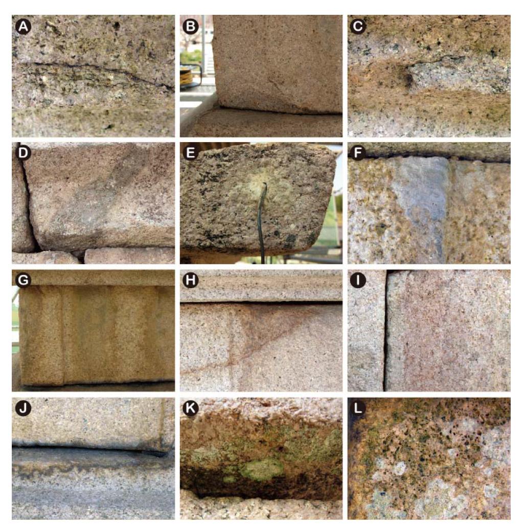 표충사 삼층석탑의 훼손양상. (A) 균열. (B) 탈락. (C) 박리 및 박락. (D, E) 보 수물질. (F) 백색변색. (G) 황색변색. (H) 갈색변색. (I)적색변색. (J) 흑색변색. (K, L) 생 물피복.