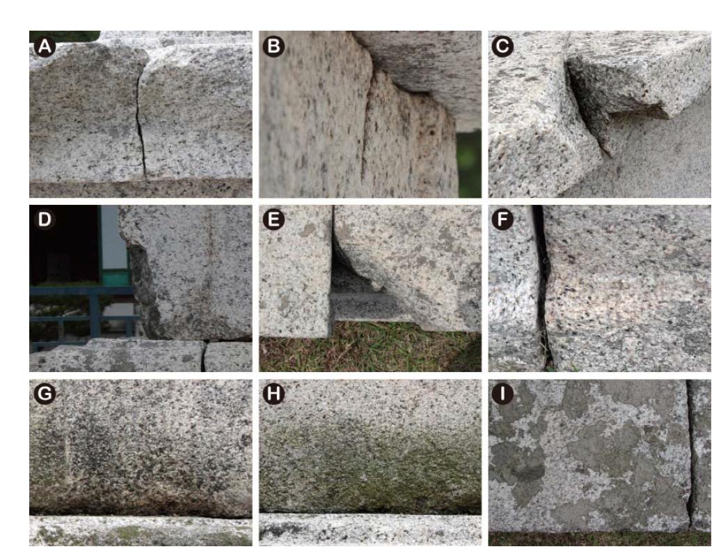 청량사 삼층석탑의 훼손양상. (A, B) 균열. (C, D, E) 탈락. (F) 갈색변색. (G) 흑색변색. (H, I) 생물피복.