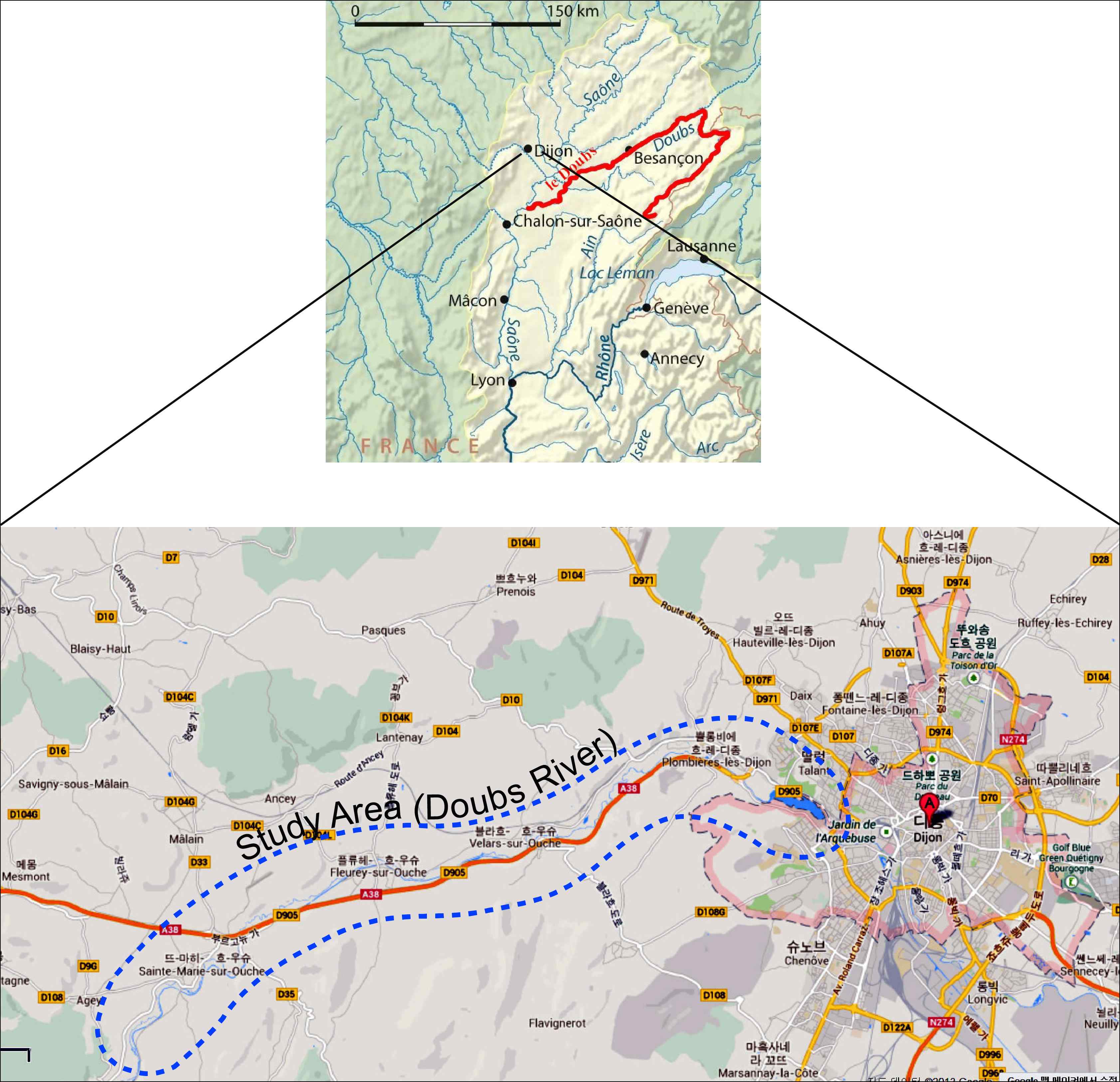 Fig. 8. Locality map of the study area in Dijon, France. RSS samples were collected along Doubs River side running westward from City of Dijon. Blue dotted circle represents study area.