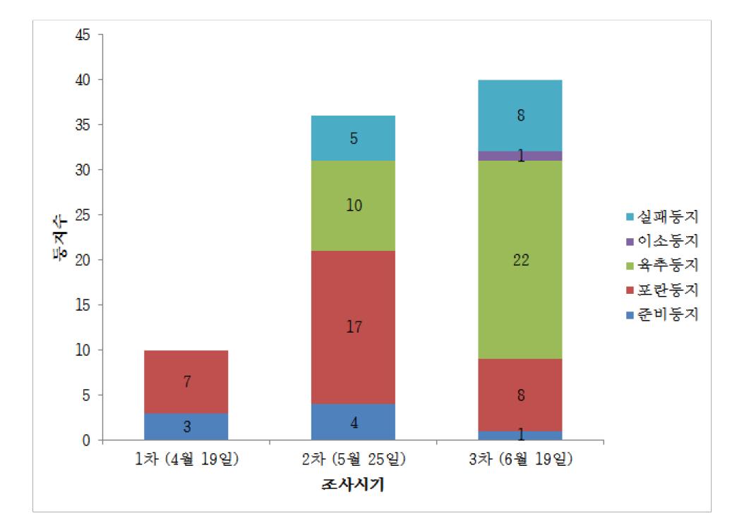 서만도 저어새의 시기에 따른 번식단계별 둥지수(2013년)