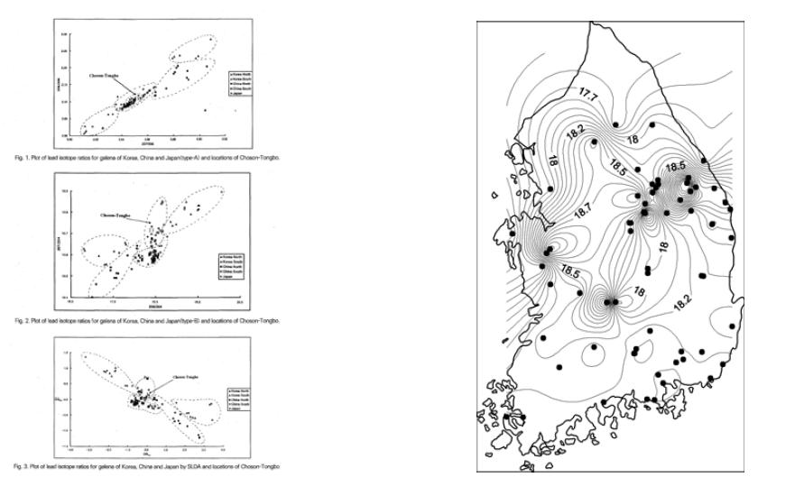 馬淵久夫(1983, 1987)자료를 활용한 조선통보의 산지추정 연구자료와 국립문화재 연구소 한반도 방연석광상조사 및 납동위원소기초연구 보고서의 206Pb/204Pb 동위원소비 분포도