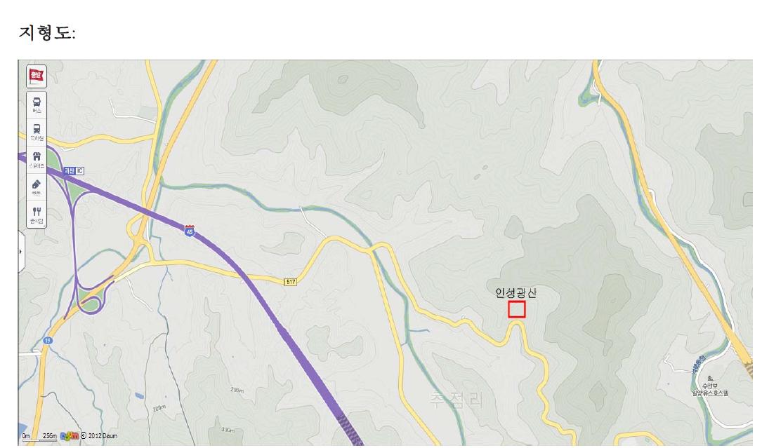 충북 괴산군에 위치한 인성광산의 지형도