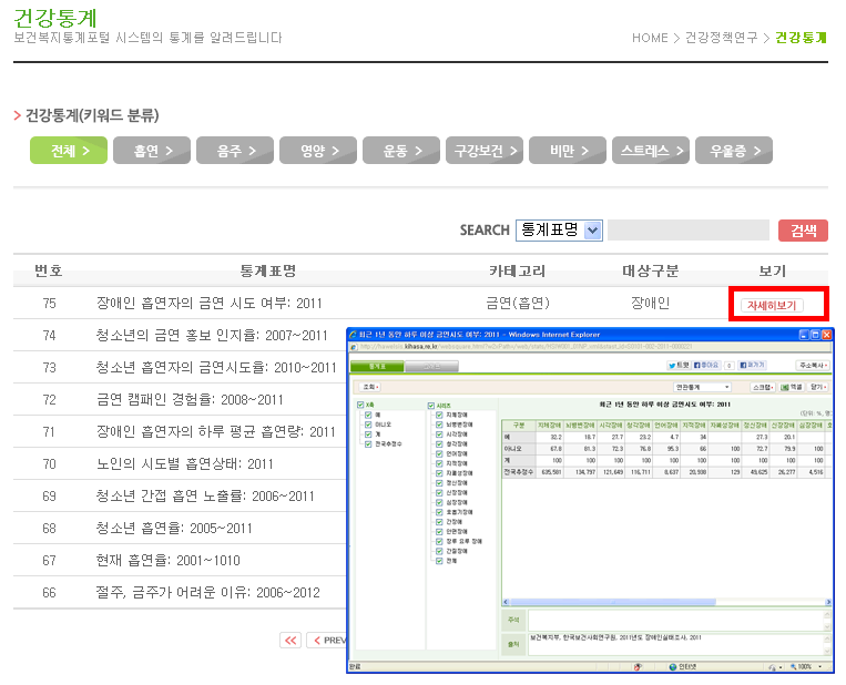 2013년 「건강정보광장」 건강통계 서비스화면